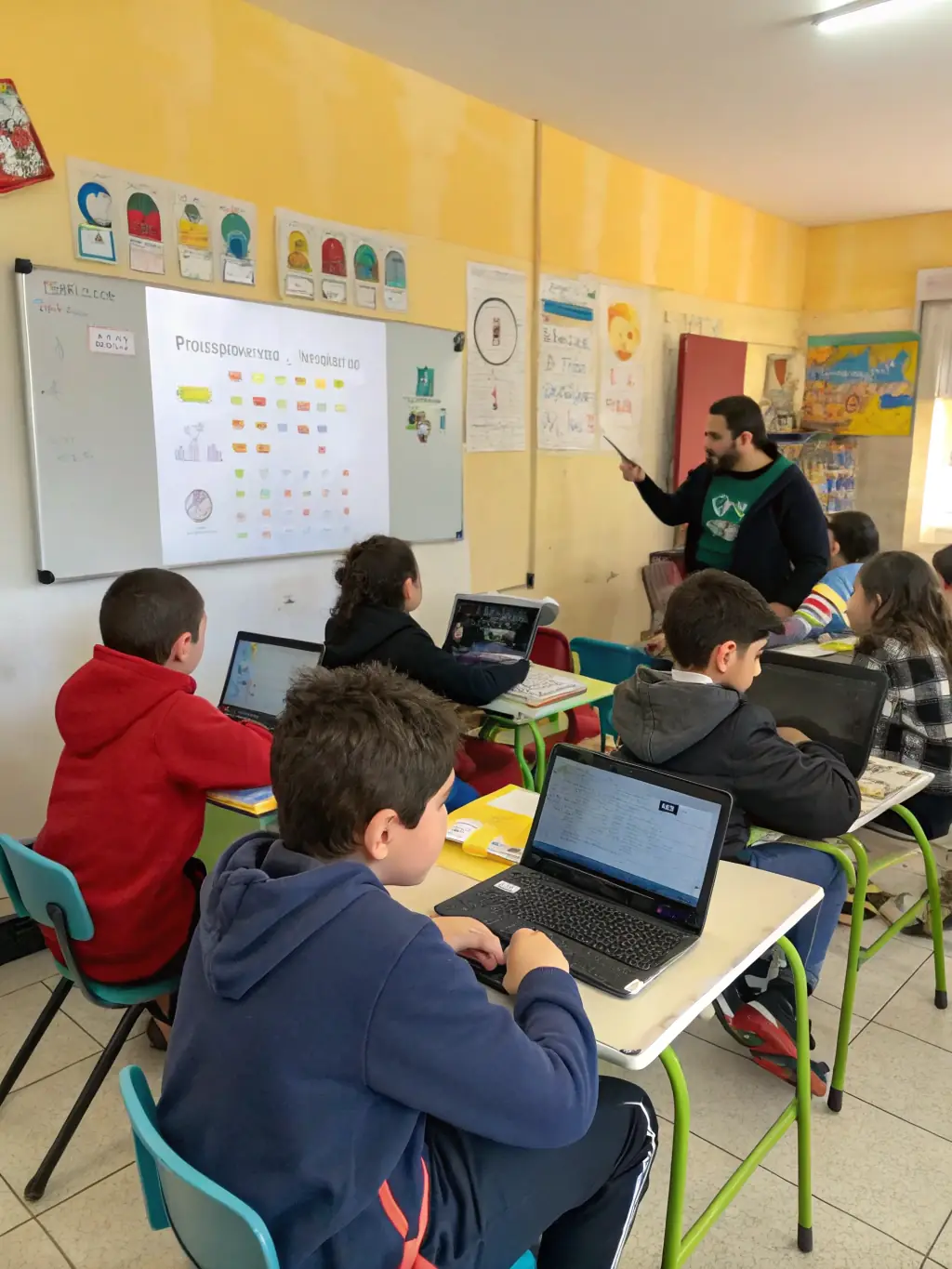 Children aged 8-12 are working on a computer screen displaying a pathfinding algorithm, illustrating the AI PathFinders program at TechnoBudz.