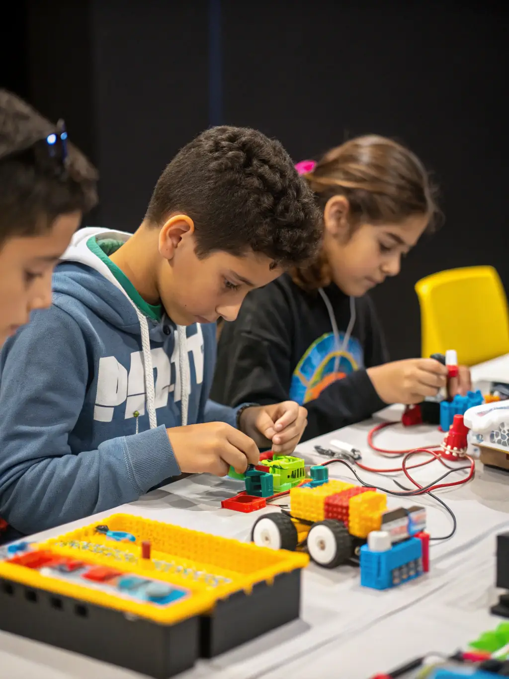 A group of children working together on a STEM project involving building a small structure with sensors and lights, showcasing teamwork and practical application of STEM principles. This image represents the STEM exercises integrated into the workshop.