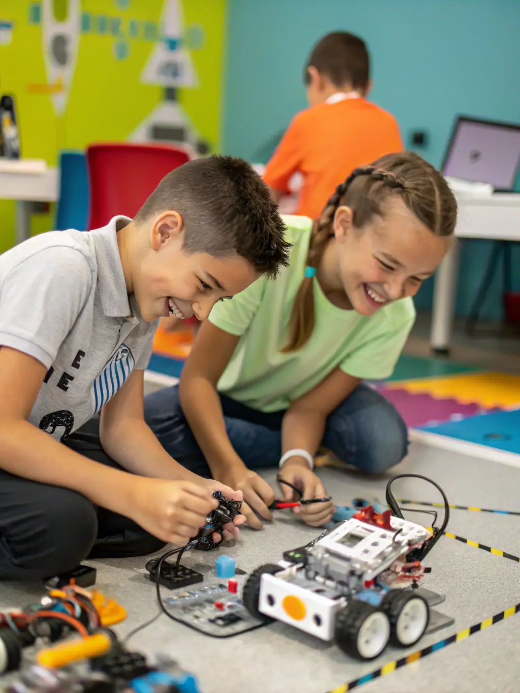 A group of children aged 5-7 are building robots with colorful blocks and wires, showcasing the RoboTots program at TechnoBudz.