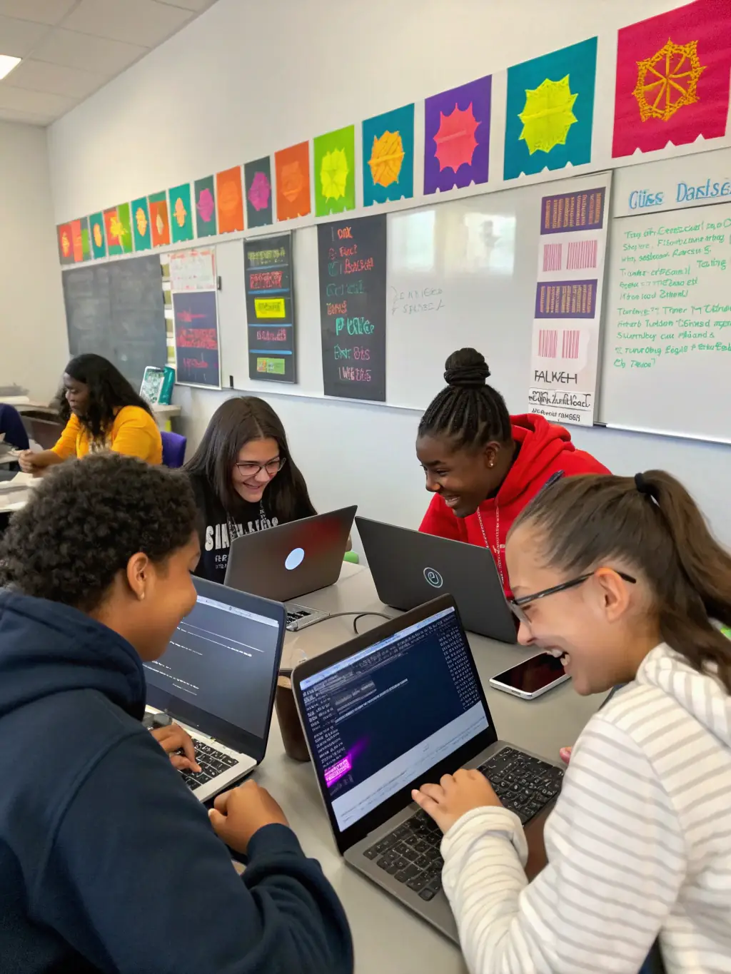 A diverse group of children are engaged in a single-day coding workshop, building a simple game on laptops at TechnoBudz.