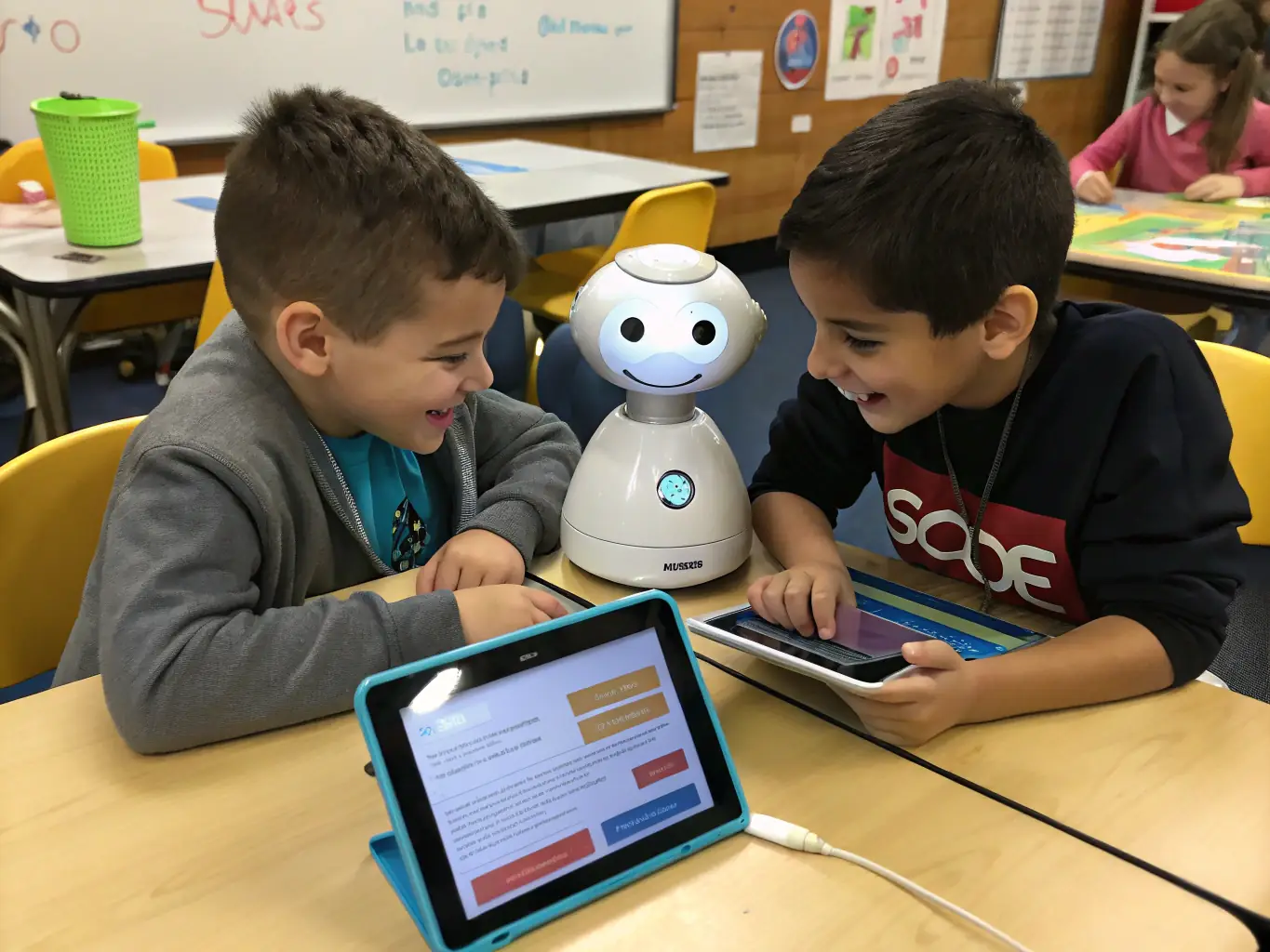 A diverse group of children are shown working together on a coding project, using tablets and laptops to program their robots. The image highlights the collaborative aspect of the workshop and the use of technology.