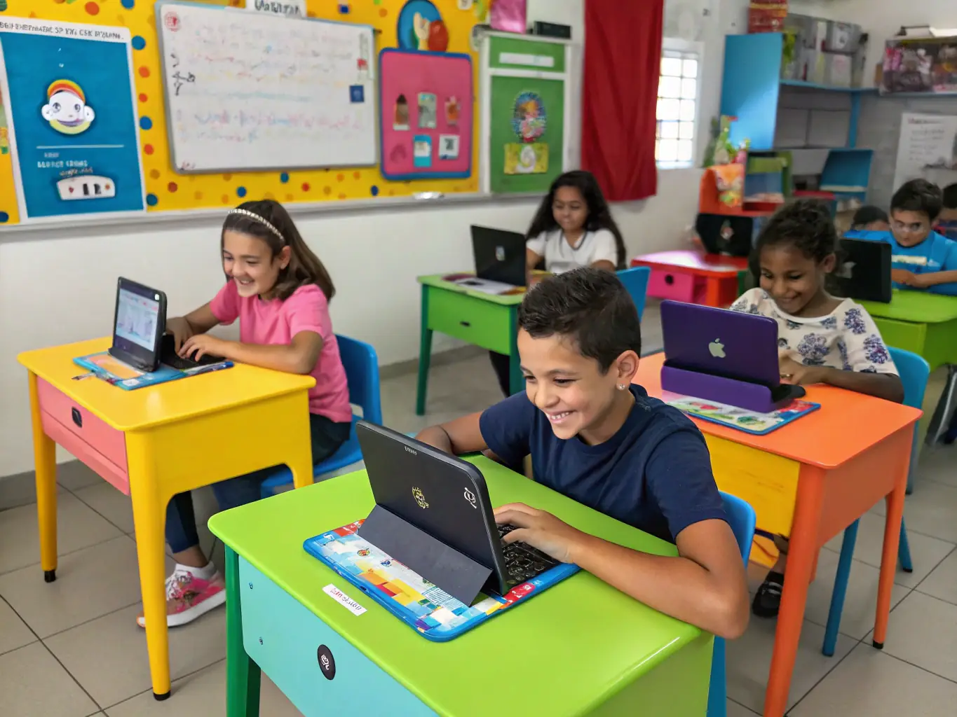 A group of children working together on laptops, engaged in a coding activity with colorful visual programming interfaces. The setting is a bright, modern classroom with STEM-related decorations.