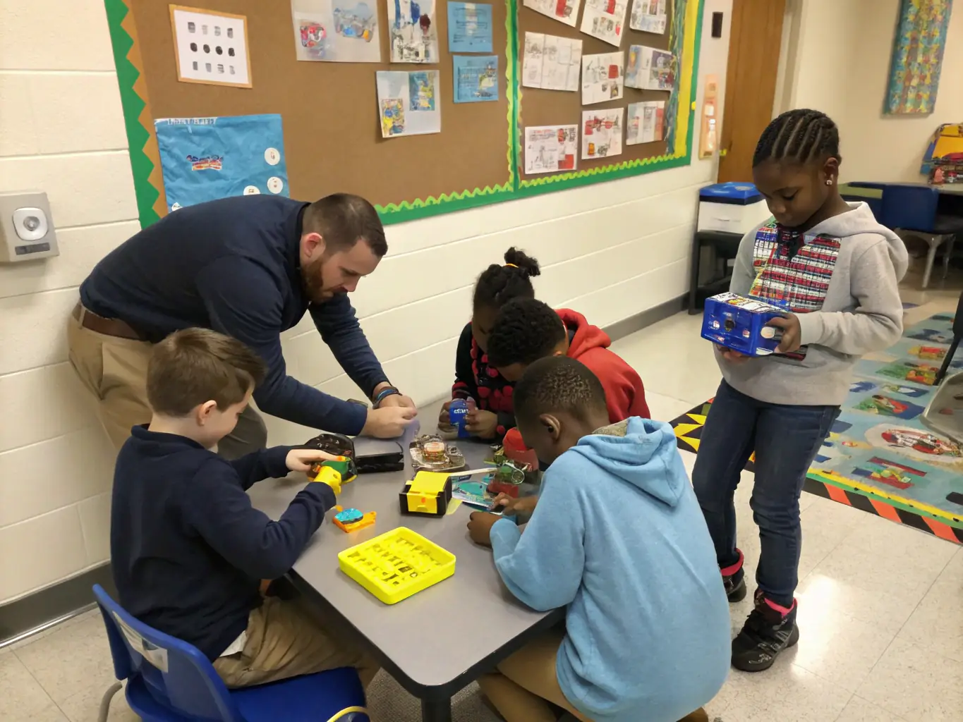 A group of young children, aged 5-7, are gathered around a table, working together on a robot building project. The atmosphere is collaborative and supportive, with instructors guiding them through the process.
