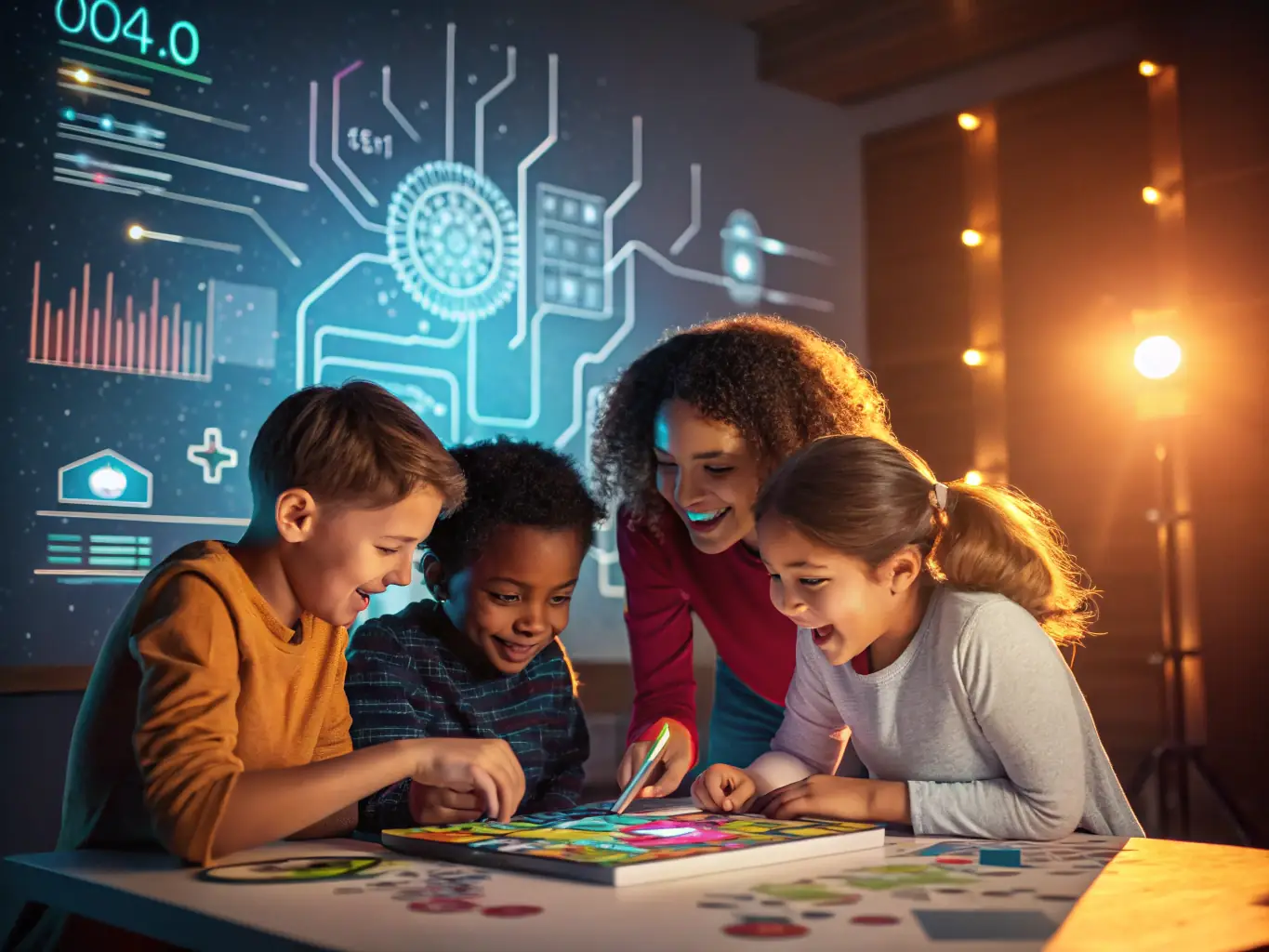 Children working on tablets and computers, experimenting with AI models and visual data representations. The scene is a collaborative learning environment with children discussing their projects.