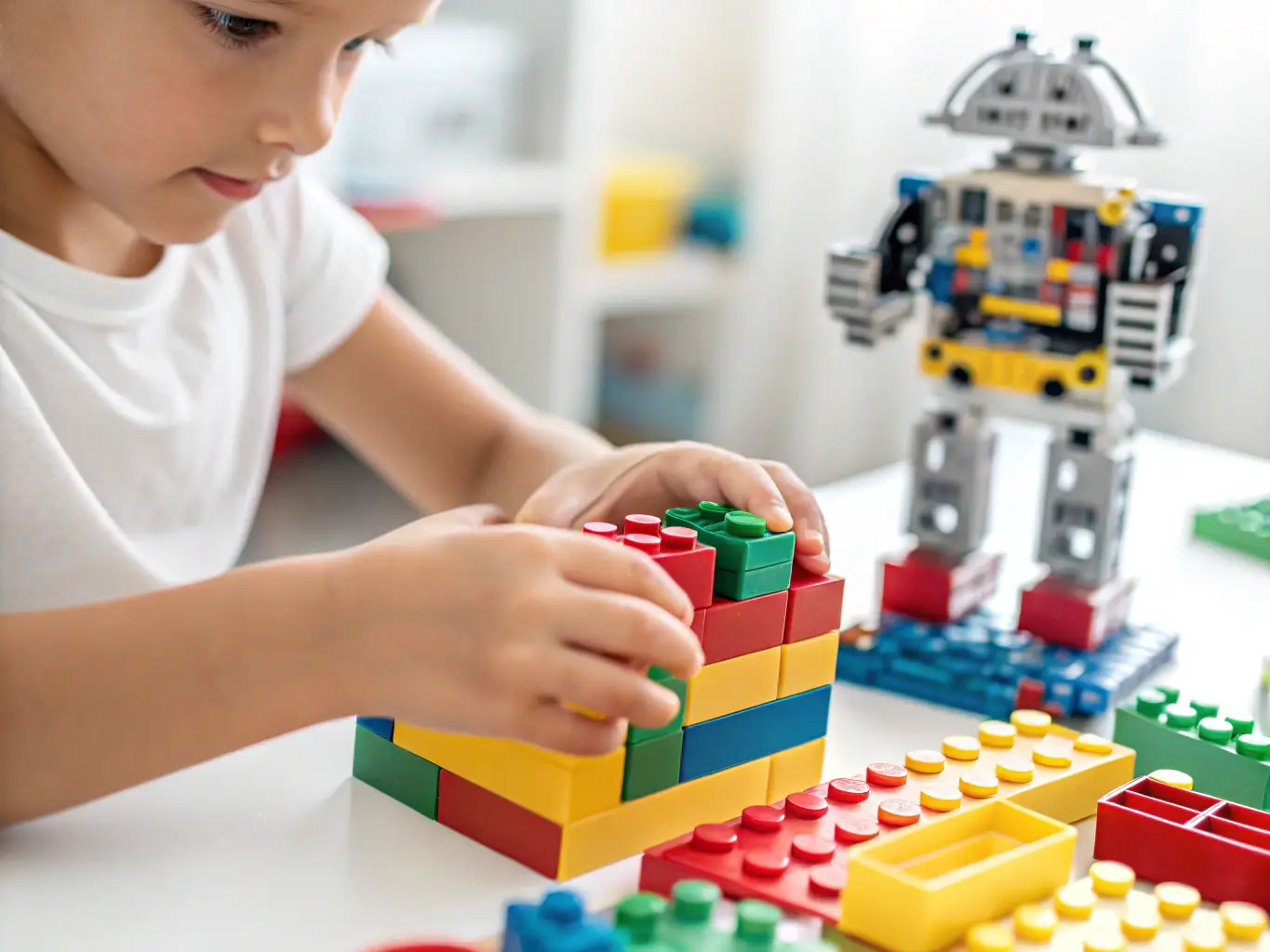 A close-up shot of a child's hands working with colorful building blocks and electronic components, assembling a small robot. The focus is on the child's engagement and the tactile nature of the learning experience.