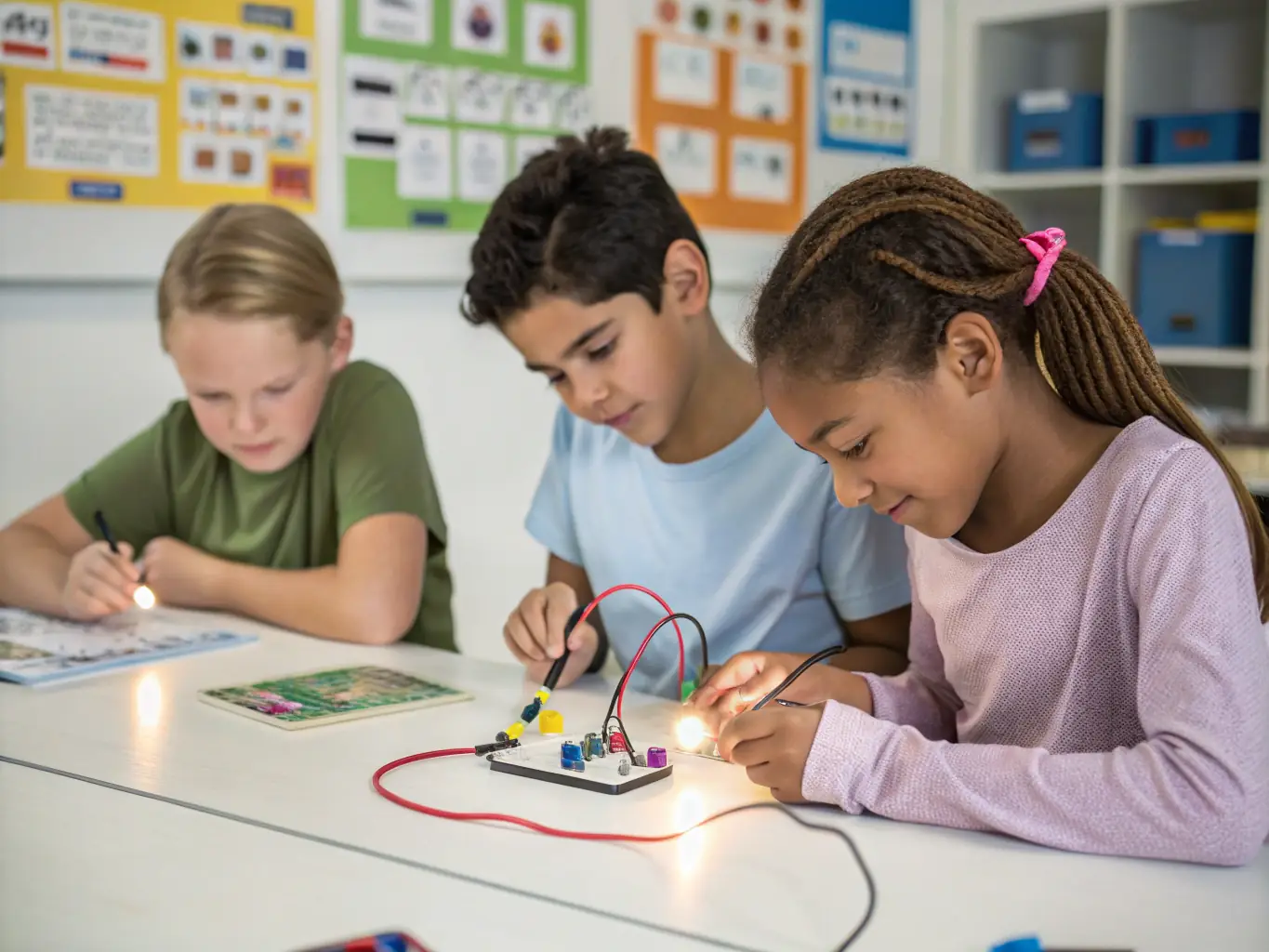 A diverse group of children participating in a hands-on IoT project, connecting sensors and devices to create a smart system. The atmosphere is engaging and collaborative.